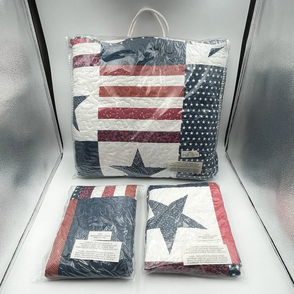 Americana Patch Full Queen Quilt Set 86x86 w/‎ 2 Shams Patriotic USA NIP